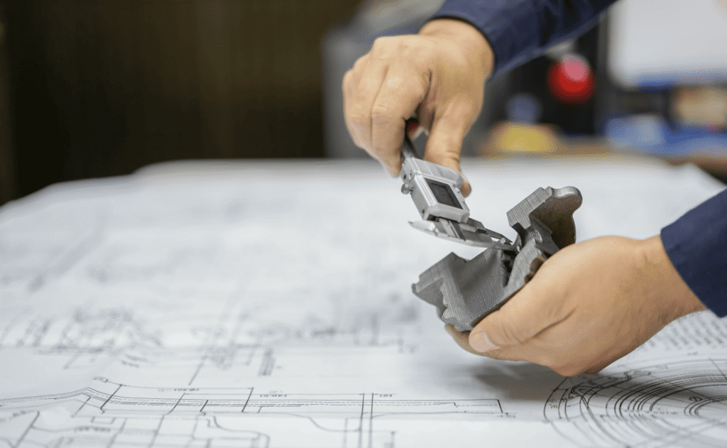 A quality inspector using a digital caliper to measure a precision CNC machined metal component over engineering blueprints for tolerance verification.